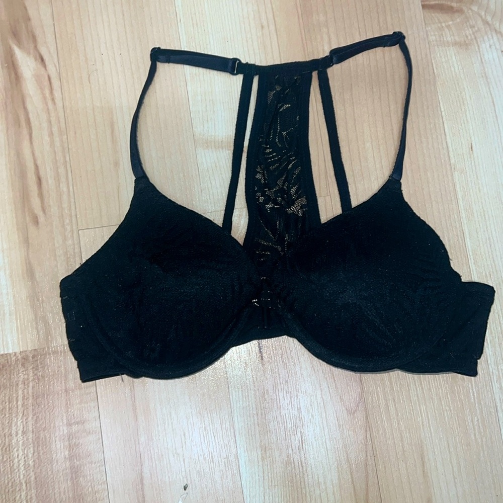 PINK bra, black, lace, racerback, 34A, underwire, adjustable straps, goth